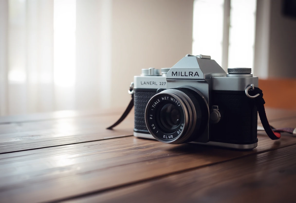 Vintage camera on wooden table with soft natural lighting